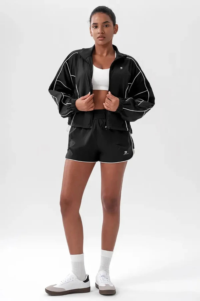 Women's casual loose sports shorts Black Front Full body outfit display