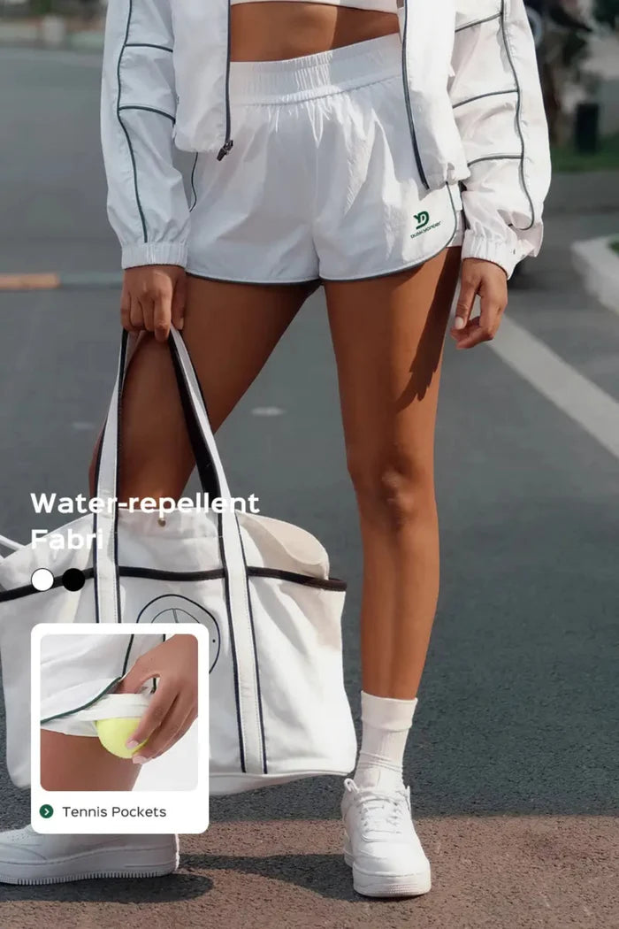 Women's casual loose sports shorts White Tennis court model outfit display