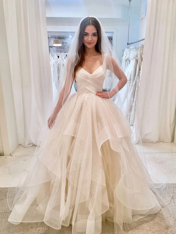 Unique Ivory V-Neck A-line Tiered Tulle Wedding Dresses, WD1103
