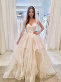 Unique Ivory V-Neck A-line Tiered Tulle Wedding Dresses, WD1103