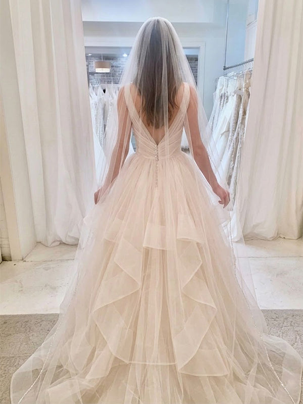 Unique Ivory V-Neck A-line Tiered Tulle Wedding Dresses, WD1103