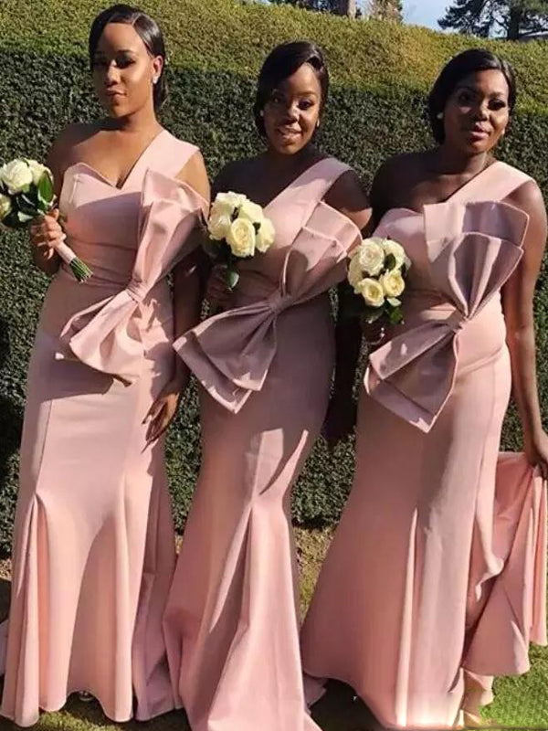 Unique One Shoulder Bow Mermaid Pink Long Bridesmaid Dresses, AB4253