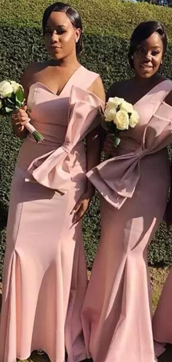 Unique One Shoulder Bow Mermaid Pink Long Bridesmaid Dresses, AB4253