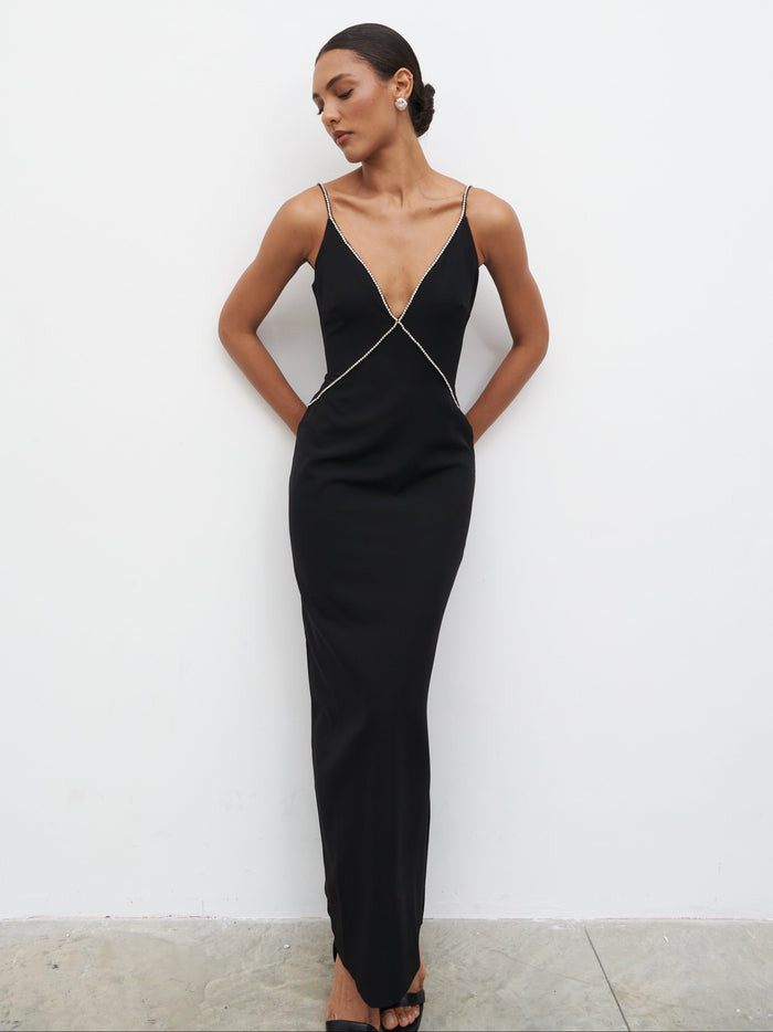 Val Plunge Embellished Maxi Dress - Black