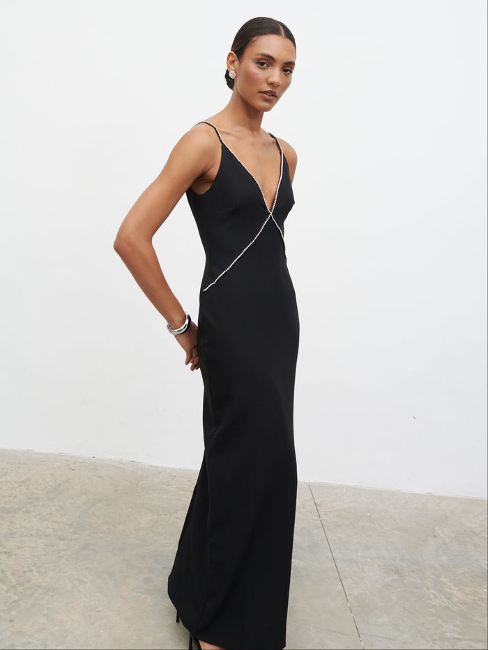 Val Plunge Embellished Maxi Dress - Black