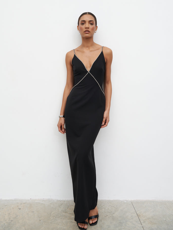 Val Plunge Embellished Maxi Dress - Black