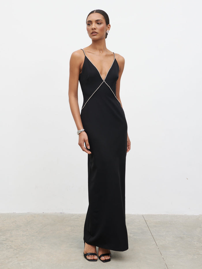Val Plunge Embellished Maxi Dress - Black