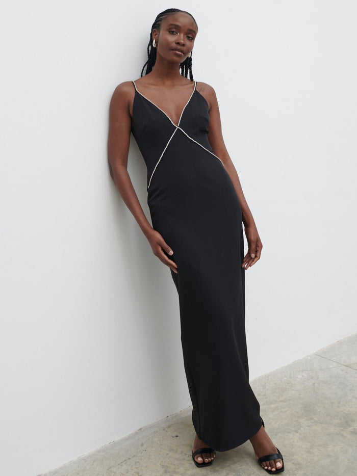 Ayo Is 5'9" & Wears Size UK 8|Val Plunge Embellished Maxi Dress - Black