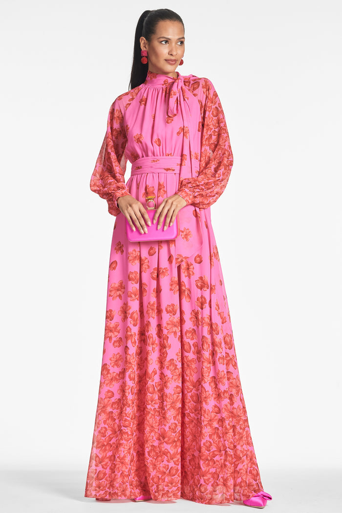 VERA PINK FLORAL CHIFFON A-LINE MAXI GOWN
