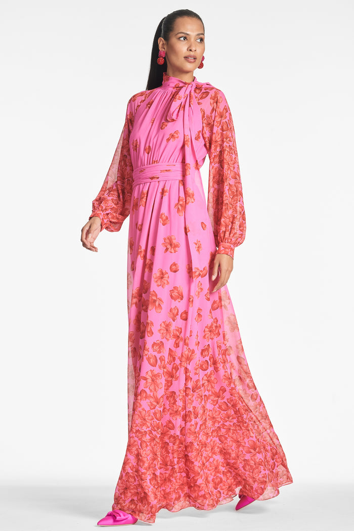 VERA PINK FLORAL CHIFFON A-LINE MAXI GOWN
