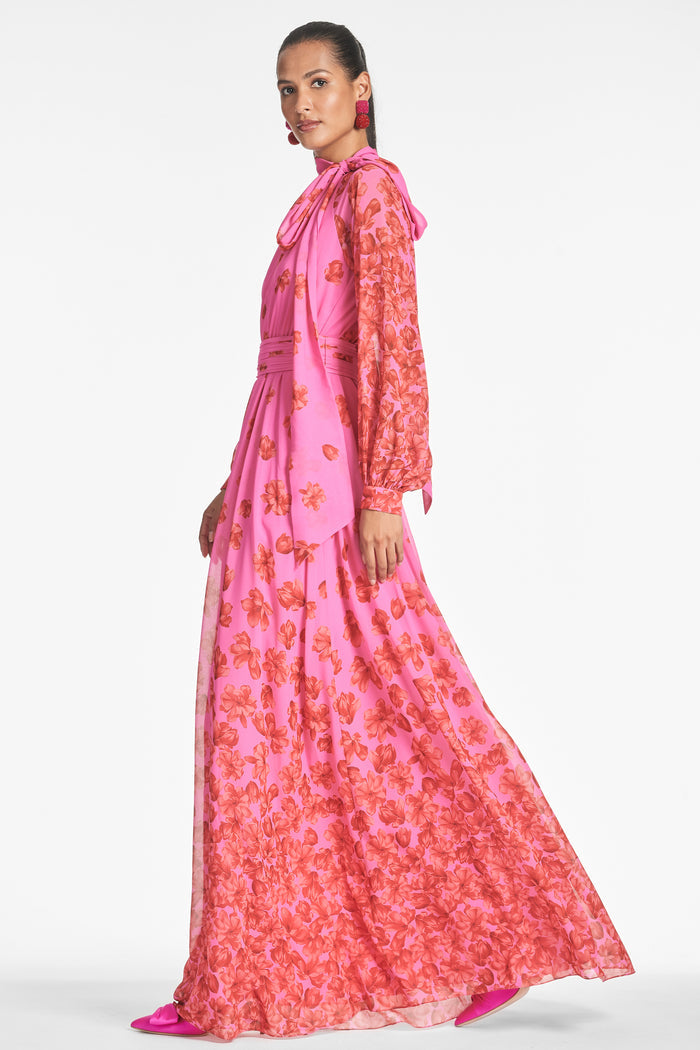 VERA PINK FLORAL CHIFFON A-LINE MAXI GOWN