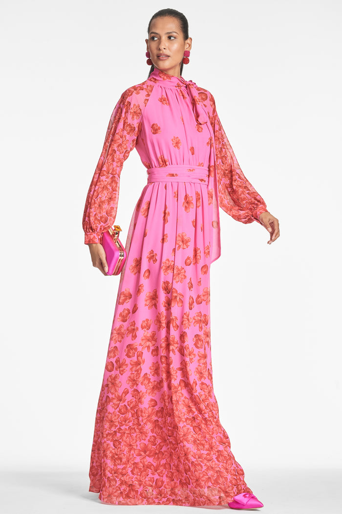 VERA PINK FLORAL CHIFFON A-LINE MAXI GOWN