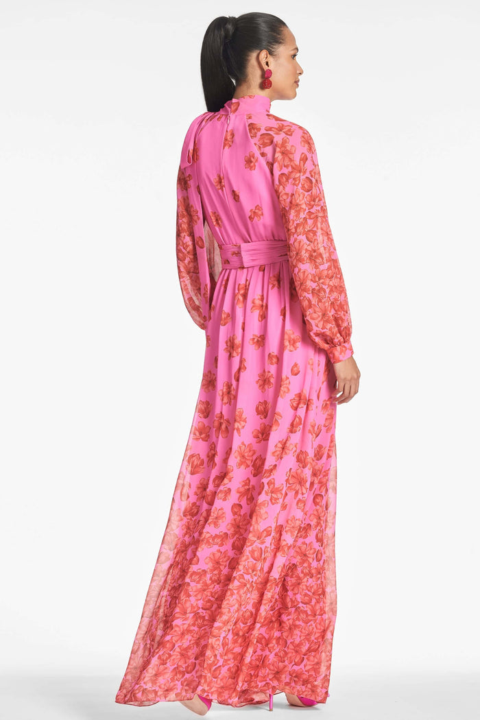 VERA PINK FLORAL CHIFFON A-LINE MAXI GOWN