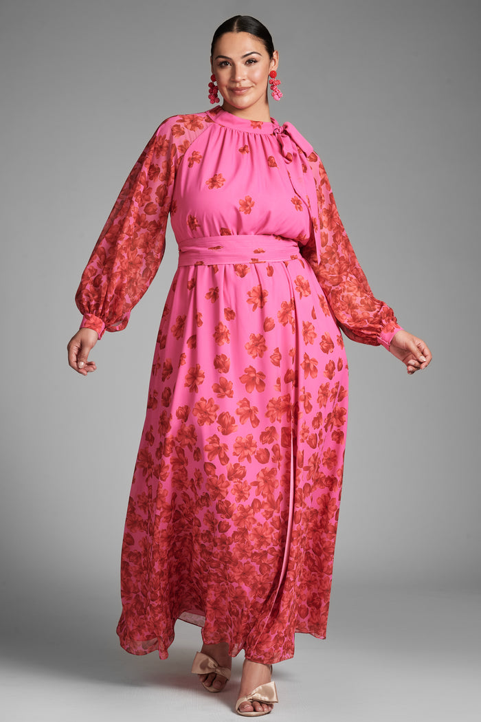 VERA PINK FLORAL CHIFFON A-LINE MAXI GOWN