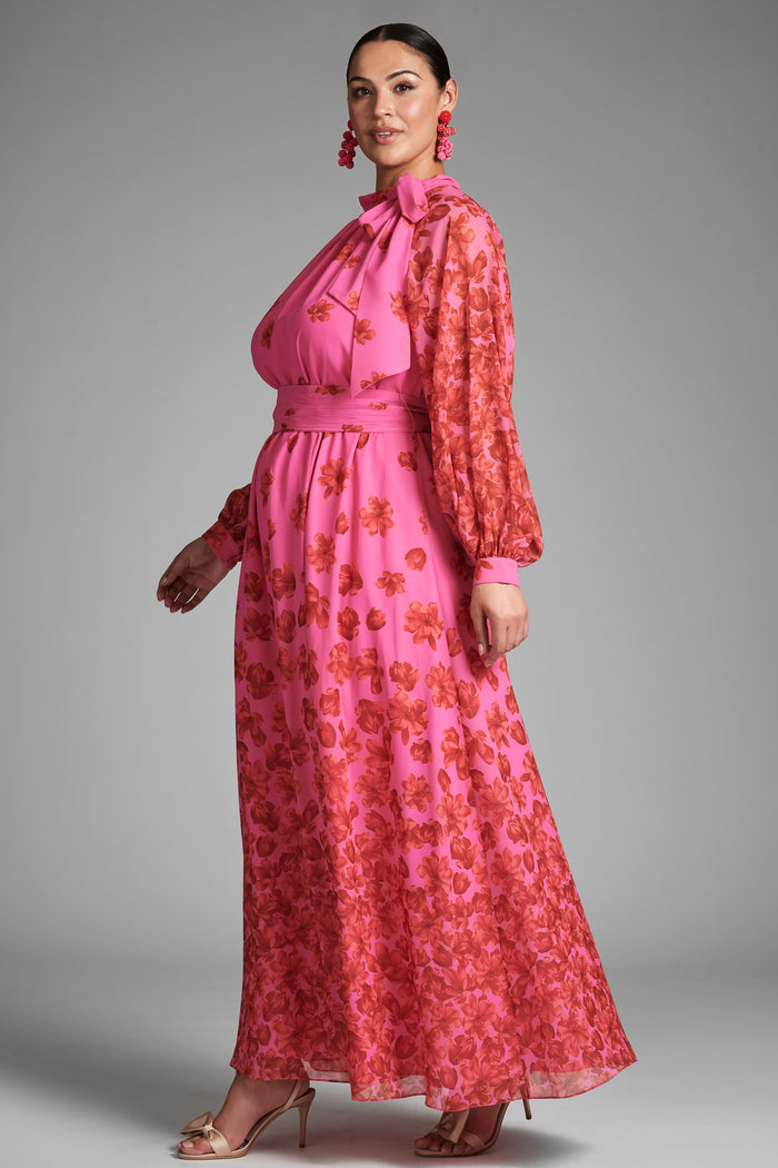 VERA PINK FLORAL CHIFFON A-LINE MAXI GOWN