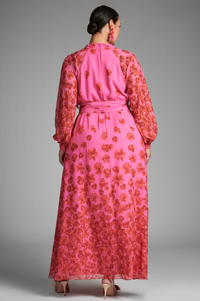 VERA PINK FLORAL CHIFFON A-LINE MAXI GOWN