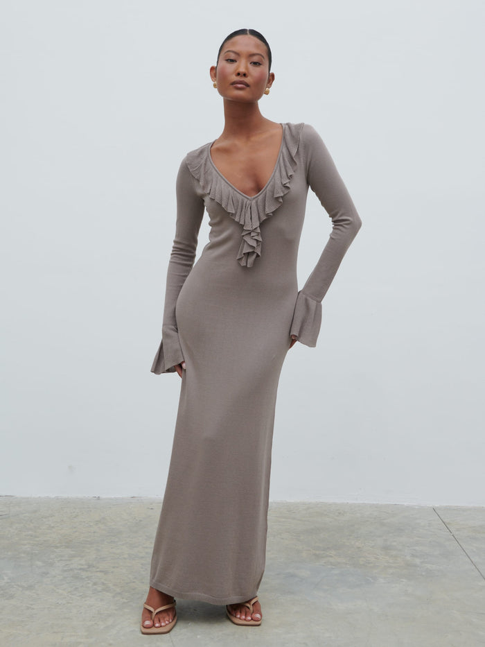 Elle Is 5'3" & Wears Size UK XS|Vera Ruffle Front Knit Midaxi Dress - Stone