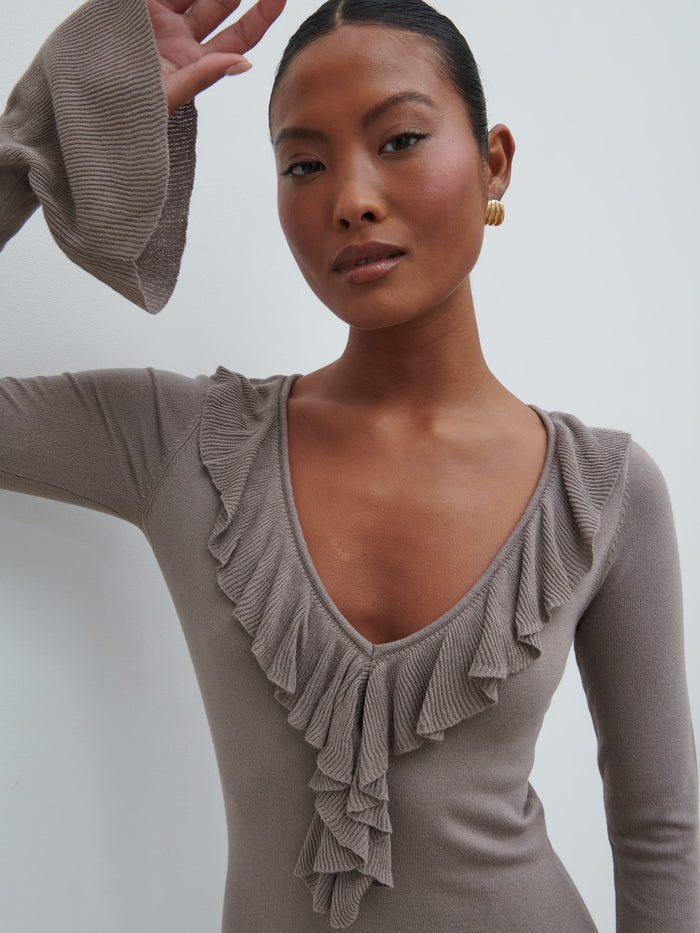 Elle Is 5'3" & Wears Size UK XS|Vera Ruffle Front Knit Midaxi Dress - Stone