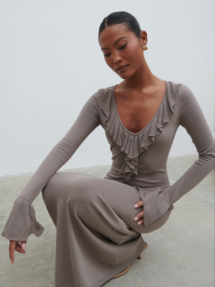 Elle Is 5'3" & Wears Size UK XS|Vera Ruffle Front Knit Midaxi Dress - Stone