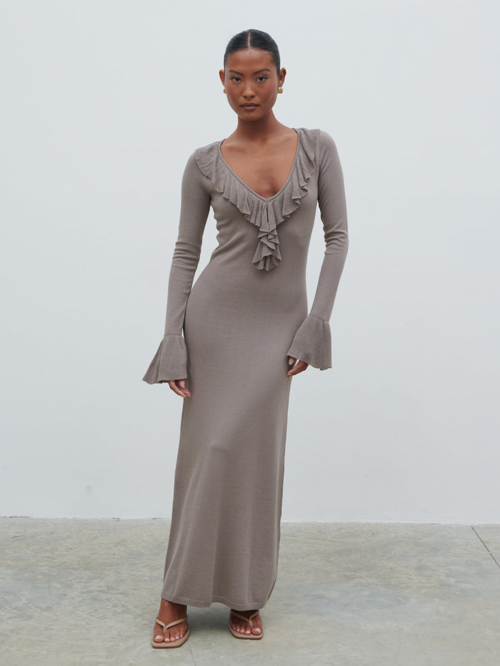 Elle Is 5'3" & Wears Size UK XS|Vera Ruffle Front Knit Midaxi Dress - Stone