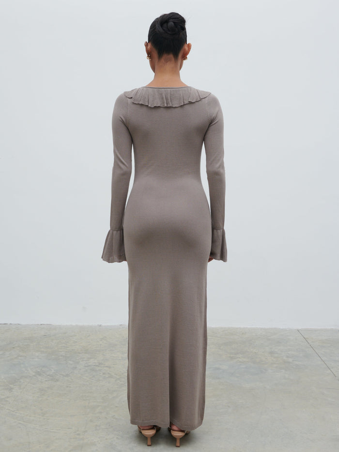 Elle Is 5'3" & Wears Size UK XS|Vera Ruffle Front Knit Midaxi Dress - Stone
