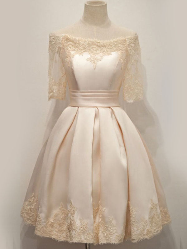Vintage Champagne Off-Shoulder Lace Short A-line Homecoming Dress with Half Sleeves, HD3070