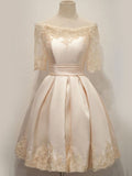 Vintage Champagne Off-Shoulder Lace Short A-line Homecoming Dress with Half Sleeves, HD3070
