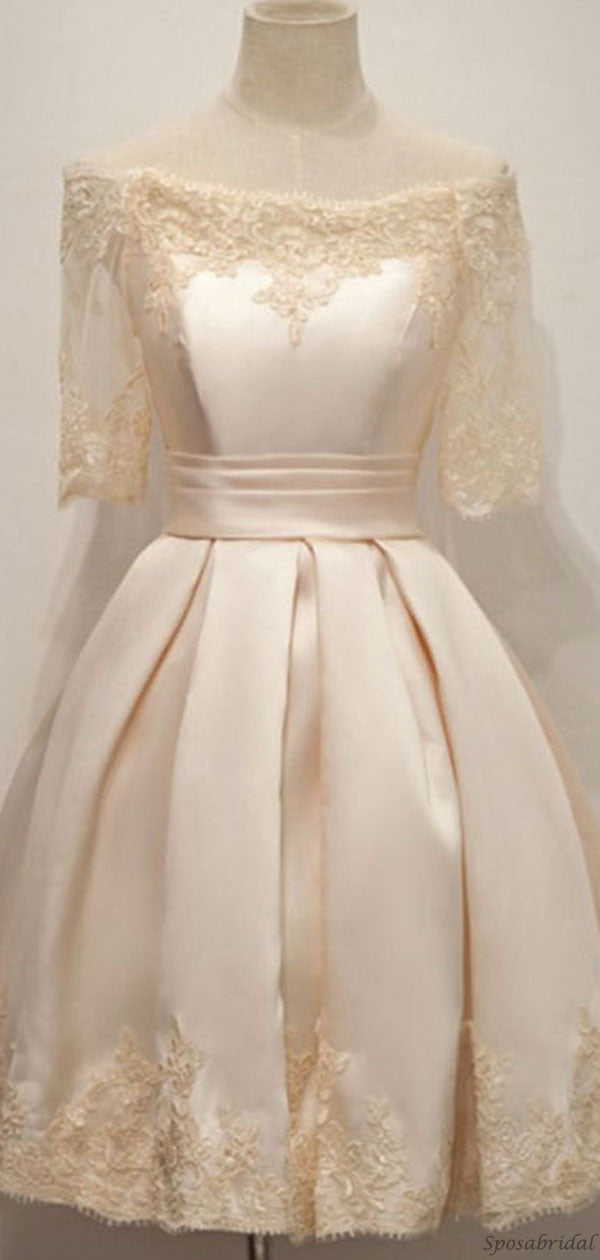 Vintage Champagne Off-Shoulder Lace Short A-line Homecoming Dress with Half Sleeves, HD3070