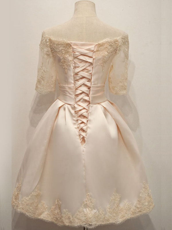 Vintage Champagne Off-Shoulder Lace Short A-line Homecoming Dress with Half Sleeves, HD3070
