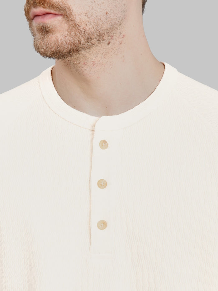 Wonder Looper Cashmere Blend Honeycomb Henley Ecru collar buttons