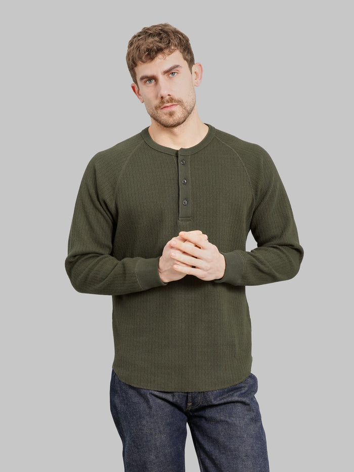 Wonder Looper Cashmere Blend Honeycomb Henley Khaki styled