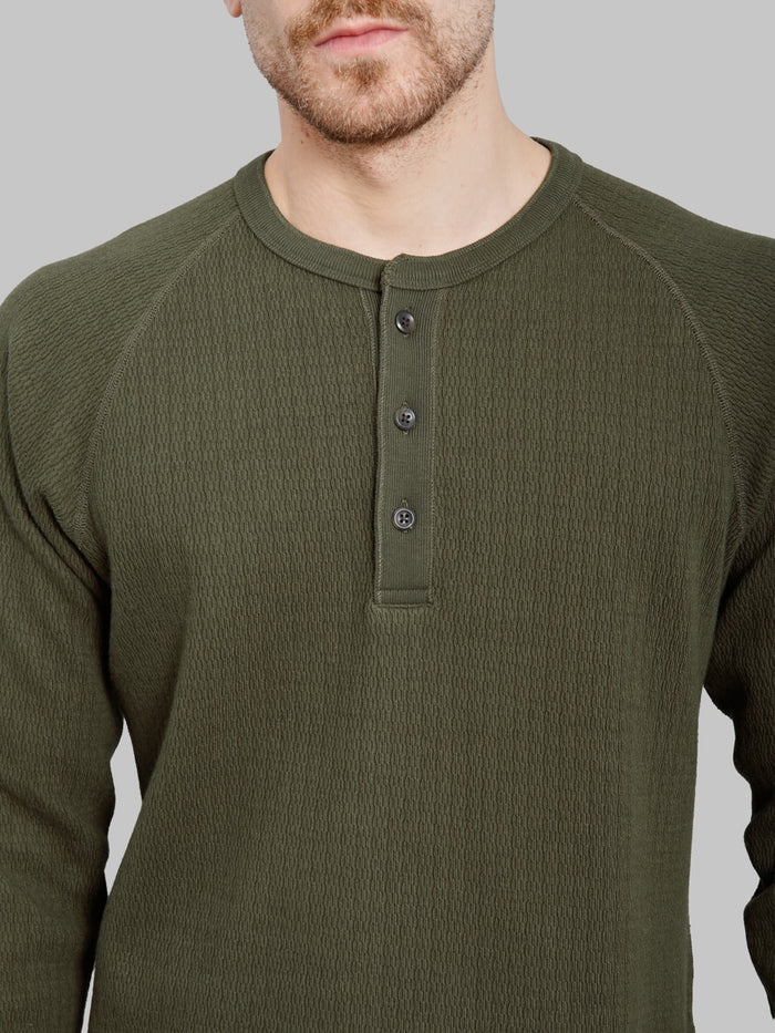 Wonder Looper Cashmere Blend Honeycomb Henley Khaki buttons chest