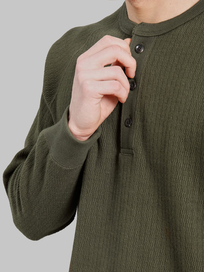 Wonder Looper Cashmere Blend Honeycomb Henley Khaki sleeve