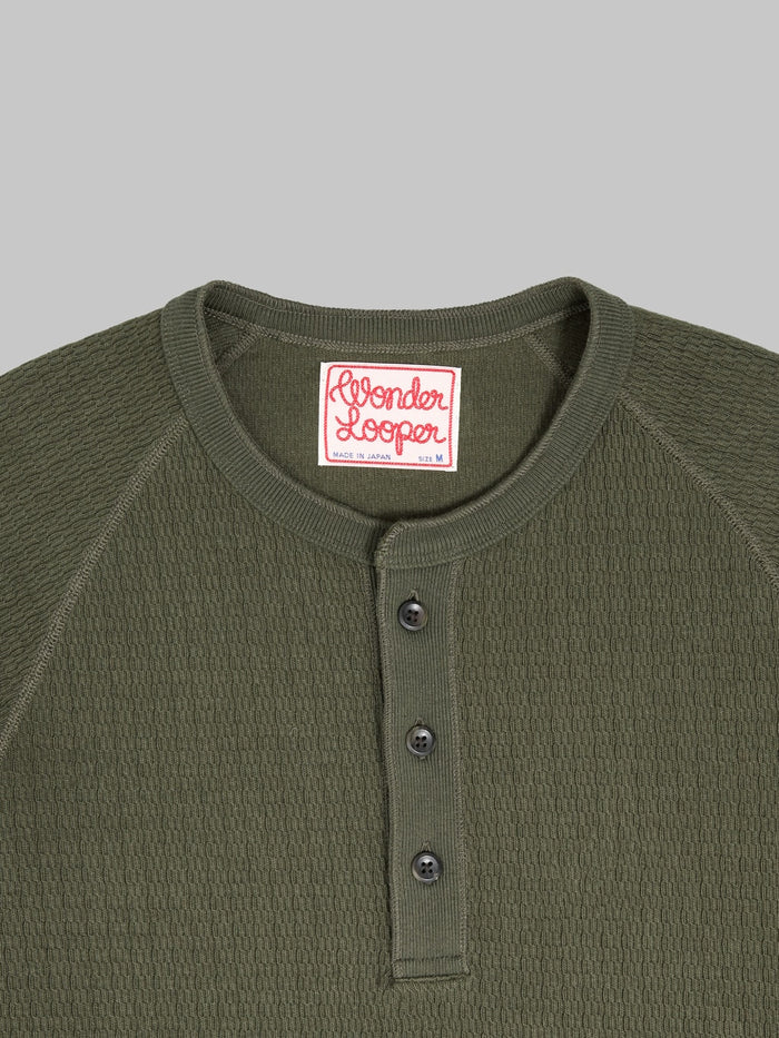 Wonder Looper Cashmere Blend Honeycomb Henley Khaki collar buttons