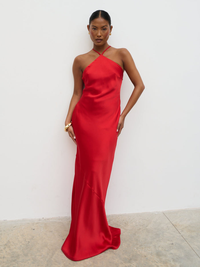 Elle Is 5'3" & Wears Size UK 6|Yvette Halter Neck Maxi Dress - Red