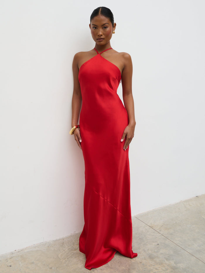 Elle Is 5'3" & Wears Size UK 6|Yvette Halter Neck Maxi Dress - Red