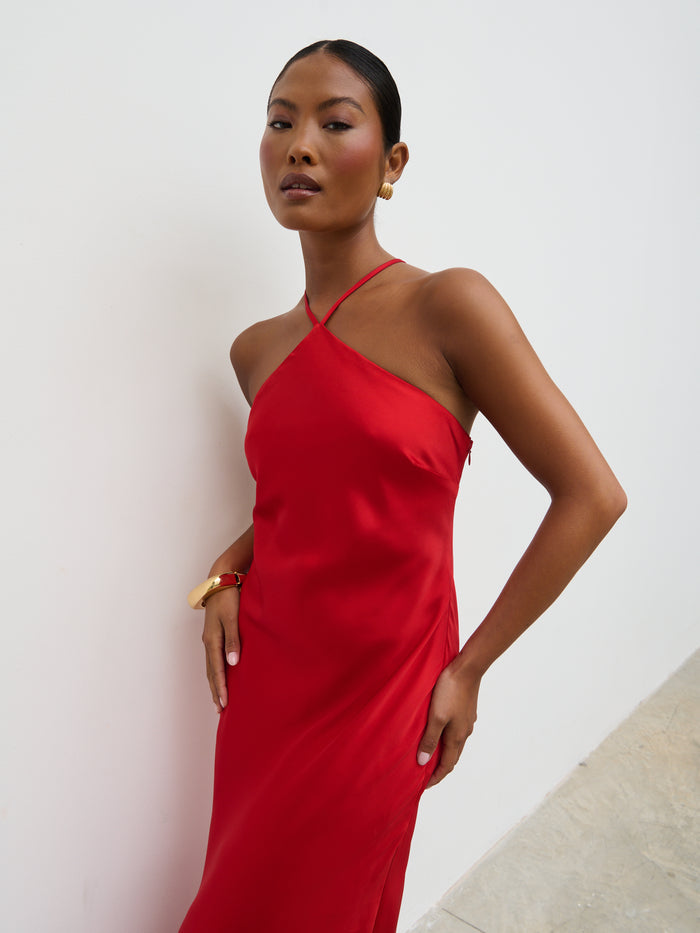 Elle Is 5'3" & Wears Size UK 6|Yvette Halter Neck Maxi Dress - Red