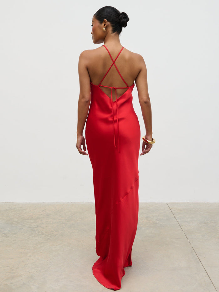 Elle Is 5'3" & Wears Size UK 6|Yvette Halter Neck Maxi Dress - Red