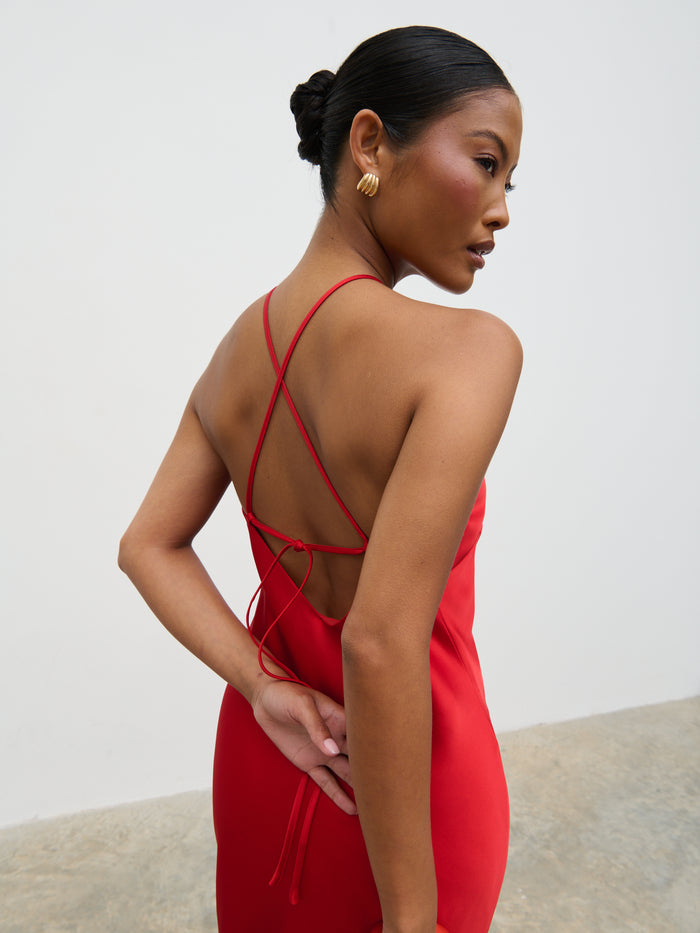 Elle Is 5'3" & Wears Size UK 6|Yvette Halter Neck Maxi Dress - Red