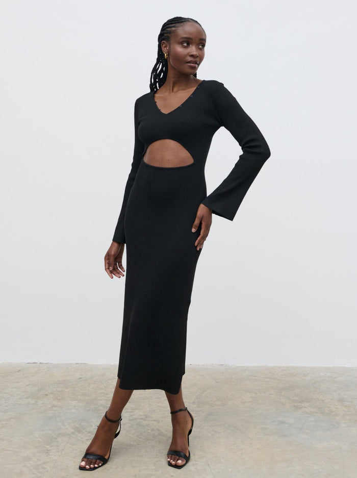 Ayo Is 5'9" & Wears Size UK S|Zahra Cut Out Knit Midaxi Dress - Black