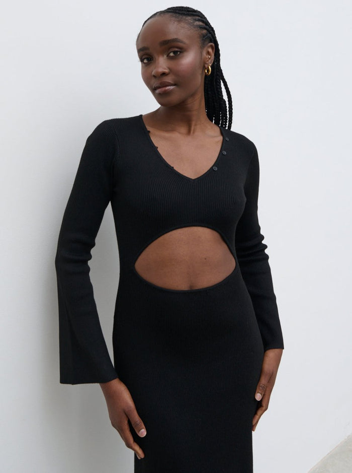 Ayo Is 5'9" & Wears Size UK S|Zahra Cut Out Knit Midaxi Dress - Black