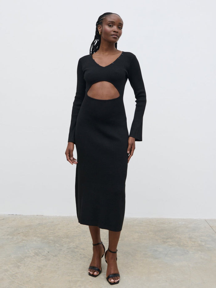 Ayo Is 5'9" & Wears Size UK S|Zahra Cut Out Knit Midaxi Dress - Black