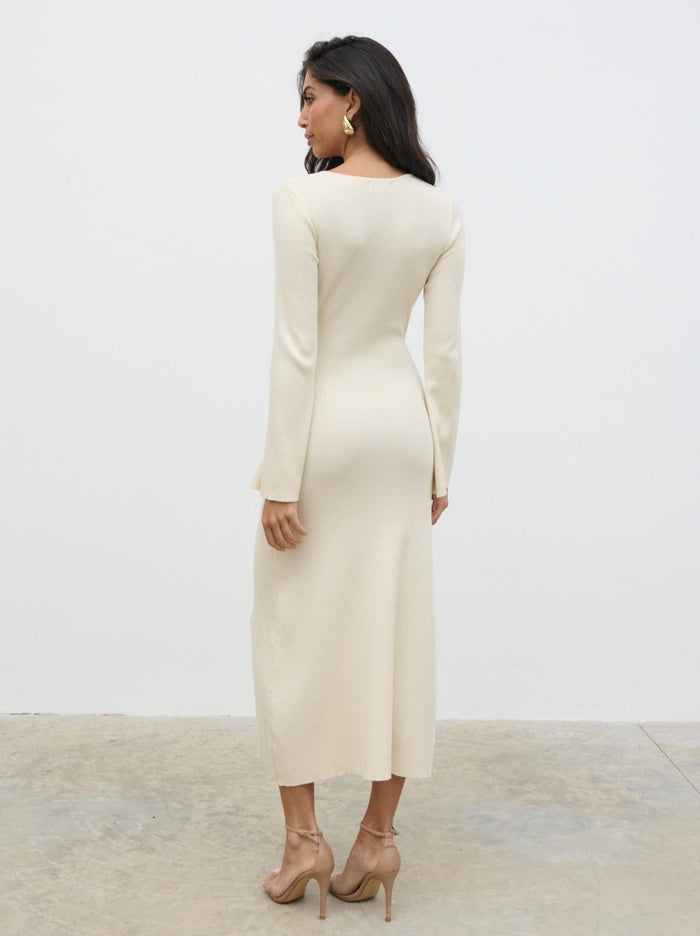 Lygia Is 5'9" & Wears Size UK S|Zahra Cut Out Knit Midaxi Dress - Cream