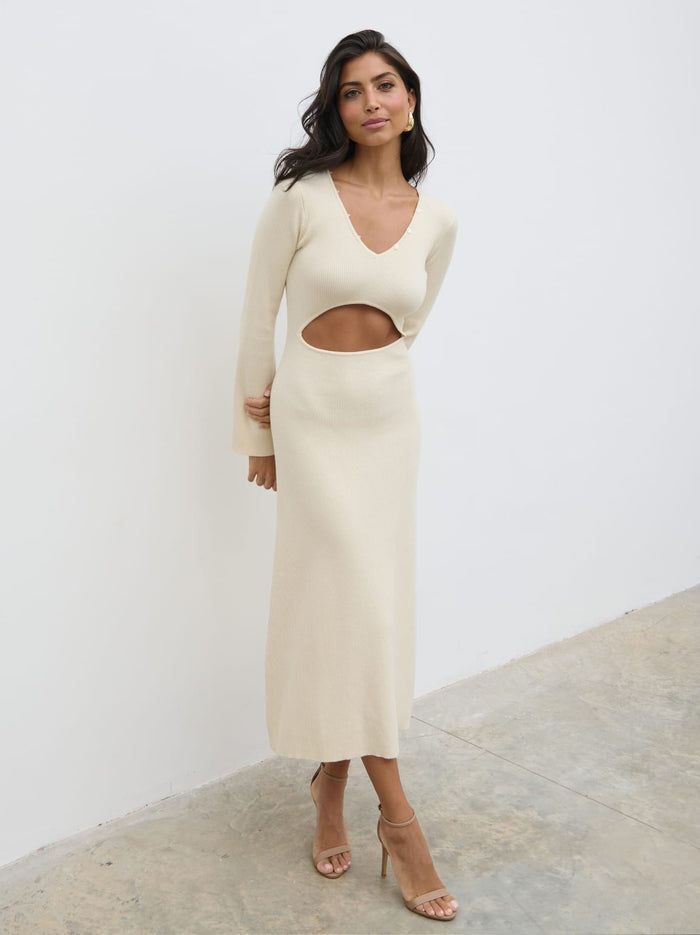 Lygia Is 5'9" & Wears Size UK S|Zahra Cut Out Knit Midaxi Dress - Cream