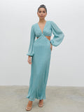 Lygia Is 5'9" & Wears Size UK 8|Zaya Plisse Metallic Maxi Dress - Blue