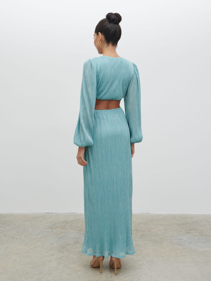 Lygia Is 5'9" & Wears Size UK 8|Zaya Plisse Metallic Maxi Dress - Blue