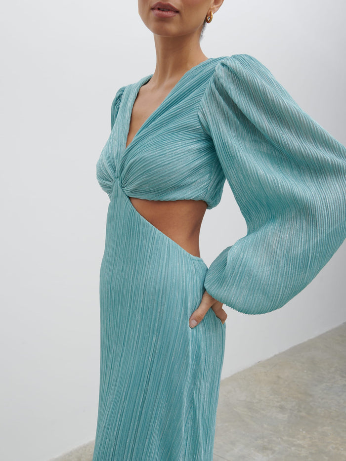 Lygia Is 5'9" & Wears Size UK 8|Zaya Plisse Metallic Maxi Dress - Blue