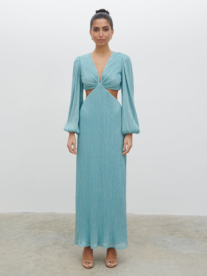 Lygia Is 5'9" & Wears Size UK 8|Zaya Plisse Metallic Maxi Dress - Blue